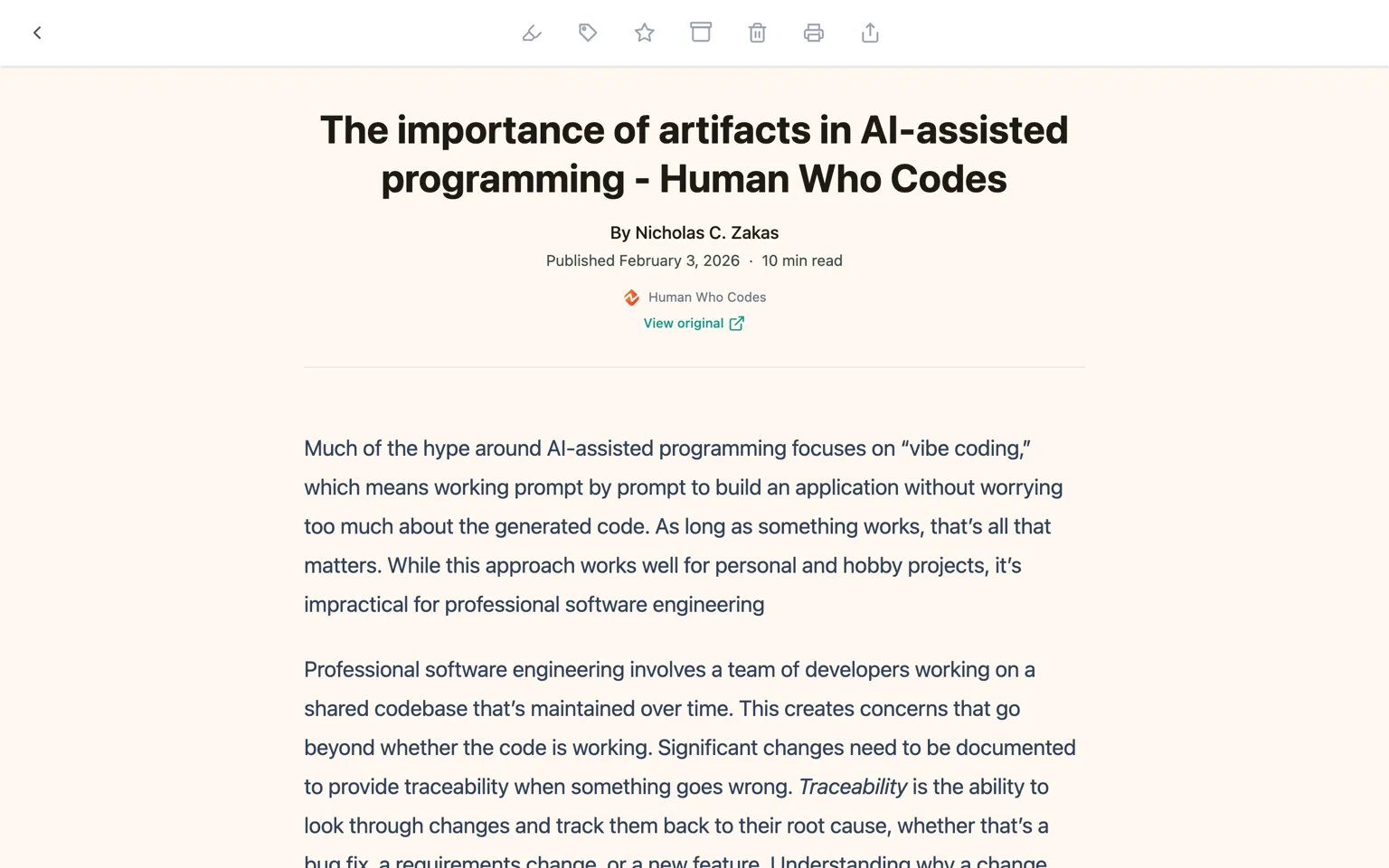 A saved article open in the Bredbox reader, showing the full article text with a link back to the original