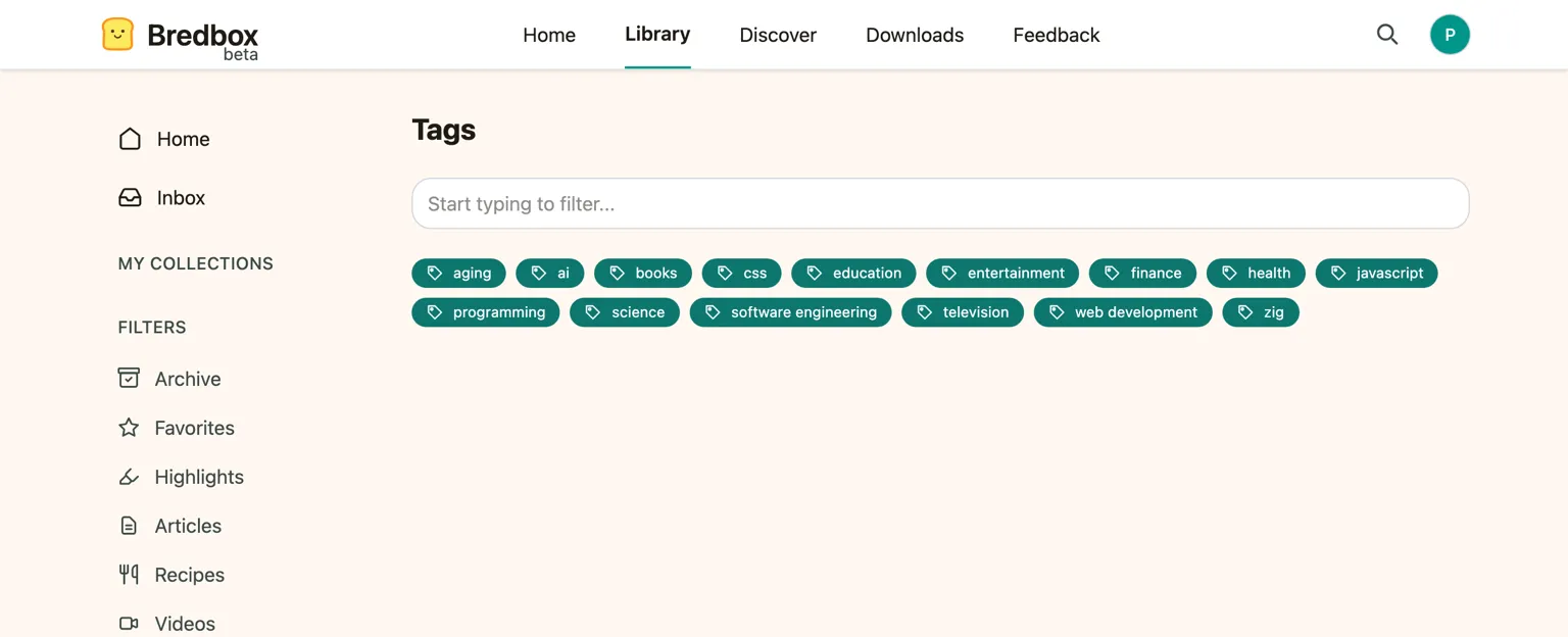 The Bredbox tags page, listing every tag carried over from the imported library