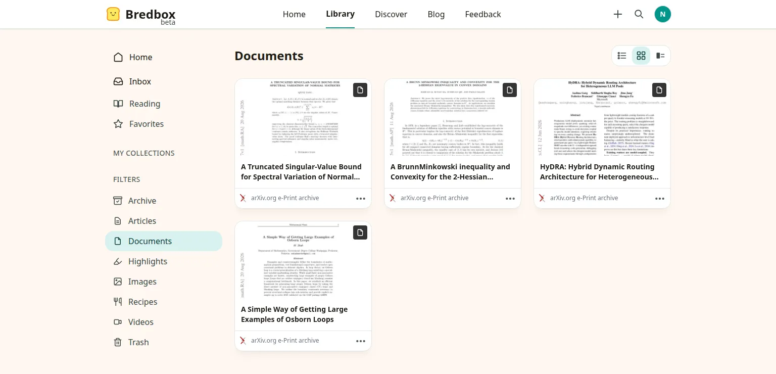 The Documents filter in the Bredbox library, showing saved PDFs as cards with a preview of each first page