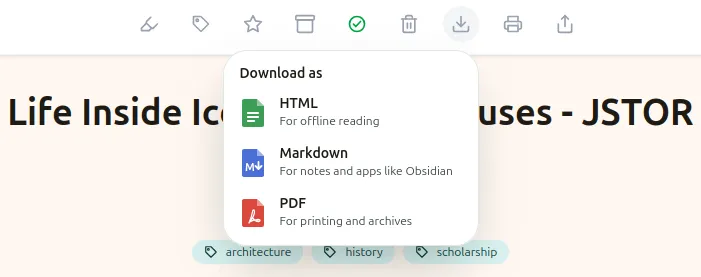 Dropdown menu showing options for downloading as HTML, Markdown, and PDF