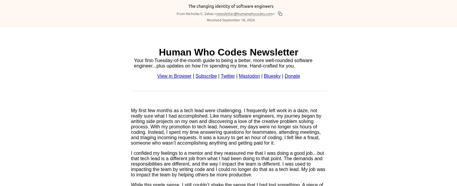 The same newsletter in its original email layout, shown inside Bredbox beneath the subject and sender