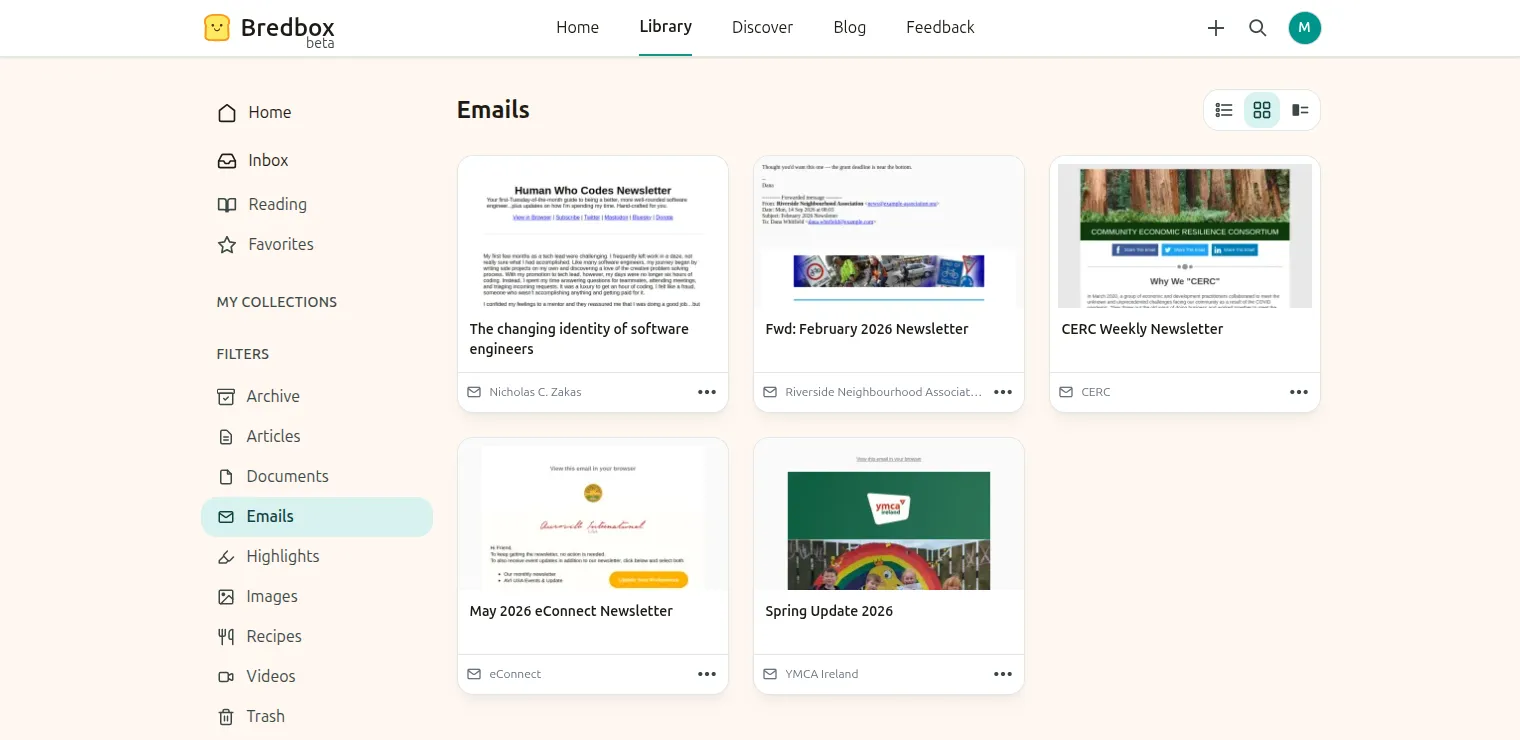 The Emails filter in the Bredbox library, showing saved newsletters as cards with a thumbnail of each original email
