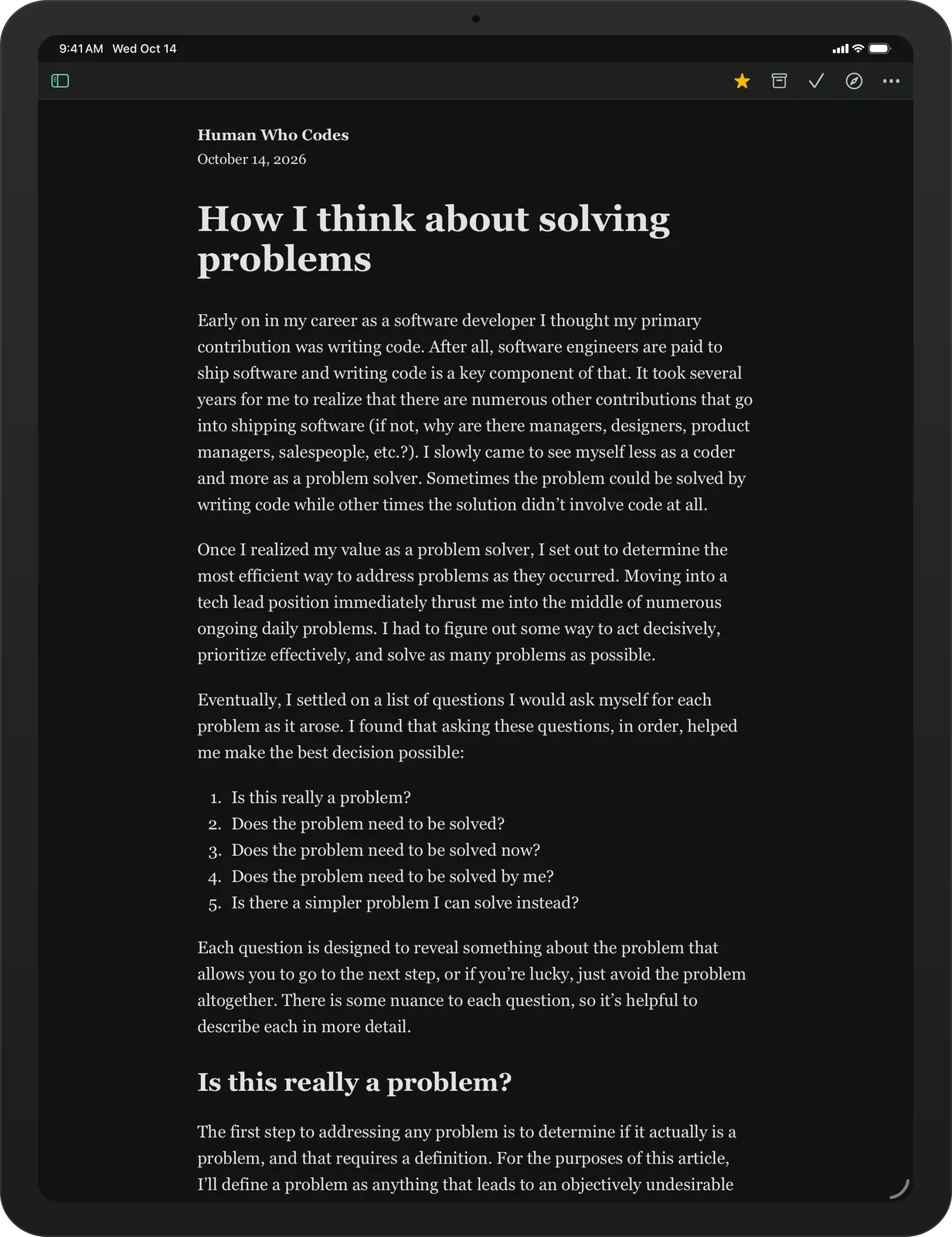 Bredbox iPad reading interface in dark mode