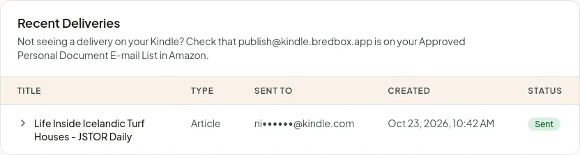 Successful Kindle delivery displayed in the settings page