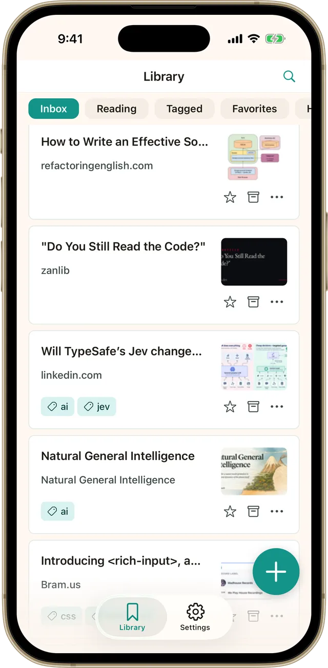 The Bredbox app on iPhone showing the library with the Inbox filter selected