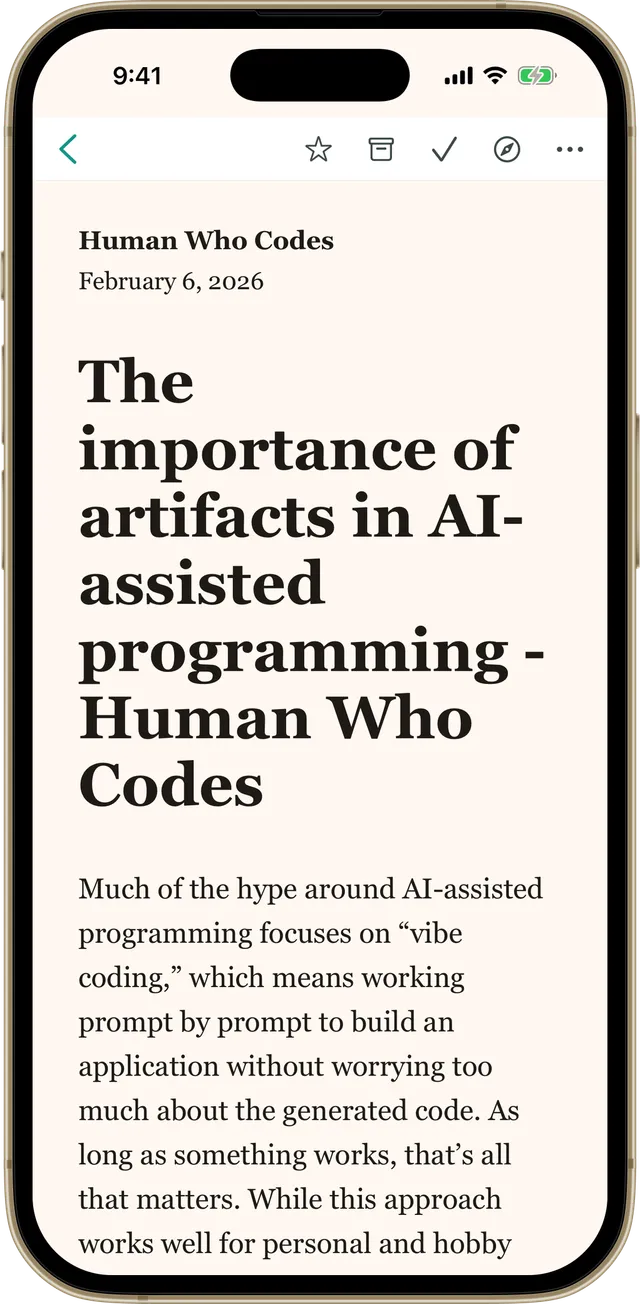 A saved article open in the Bredbox app's reading view, with favorite, archive, and mark as read buttons at the top