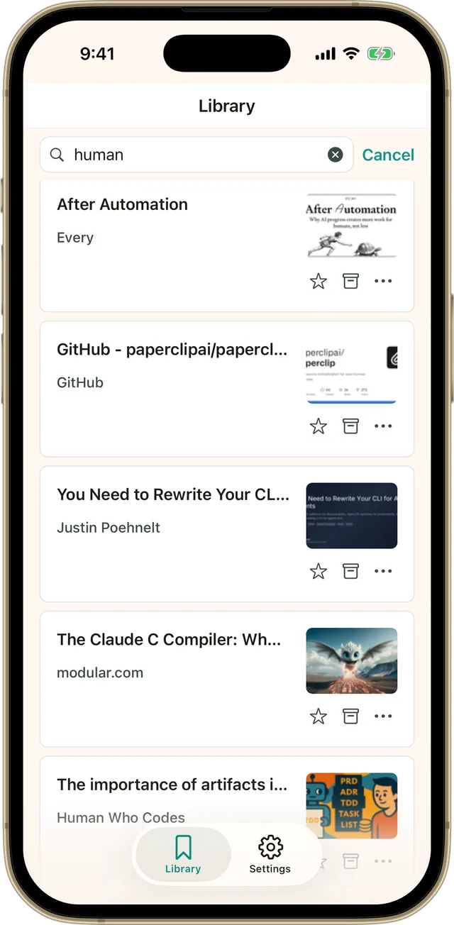 Searching the library in the Bredbox app for the word human, with matching saves listed below