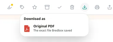 Download menu for a saved PDF, offering the original PDF, described as the exact file Bredbox saved