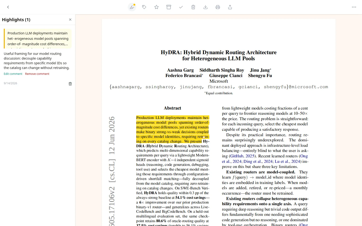 A highlighted passage in a PDF, with the highlights drawer showing the passage and its comment