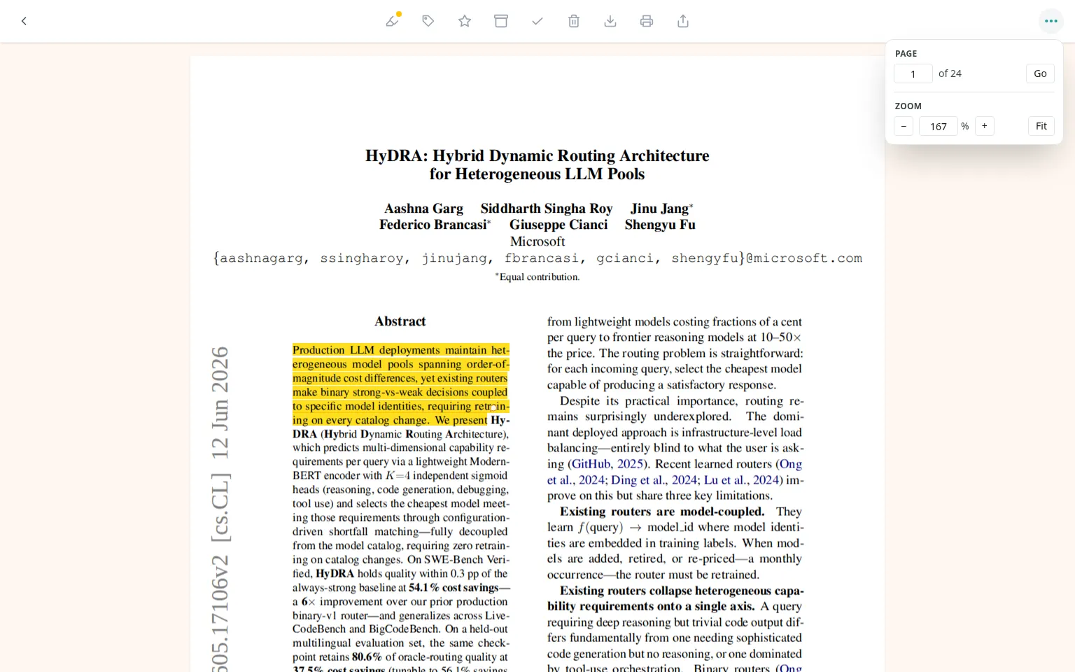 A research paper open in the Bredbox PDF viewer, with the options menu showing page navigation and zoom controls