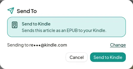 The Send To dialog with Send to Kindle selected and the Kindle address it will send to.