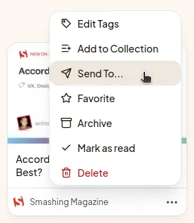 An article tile with its options menu open, showing Send To... between Add to Collection and Favorite.